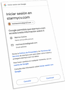 Pantalla para aceptar las condiciones de Google de compartir Nombre, imagen de perfil y email