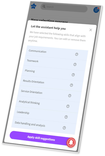 Screenshot of the app's skills selector used by recruiters when setting up a selection process.