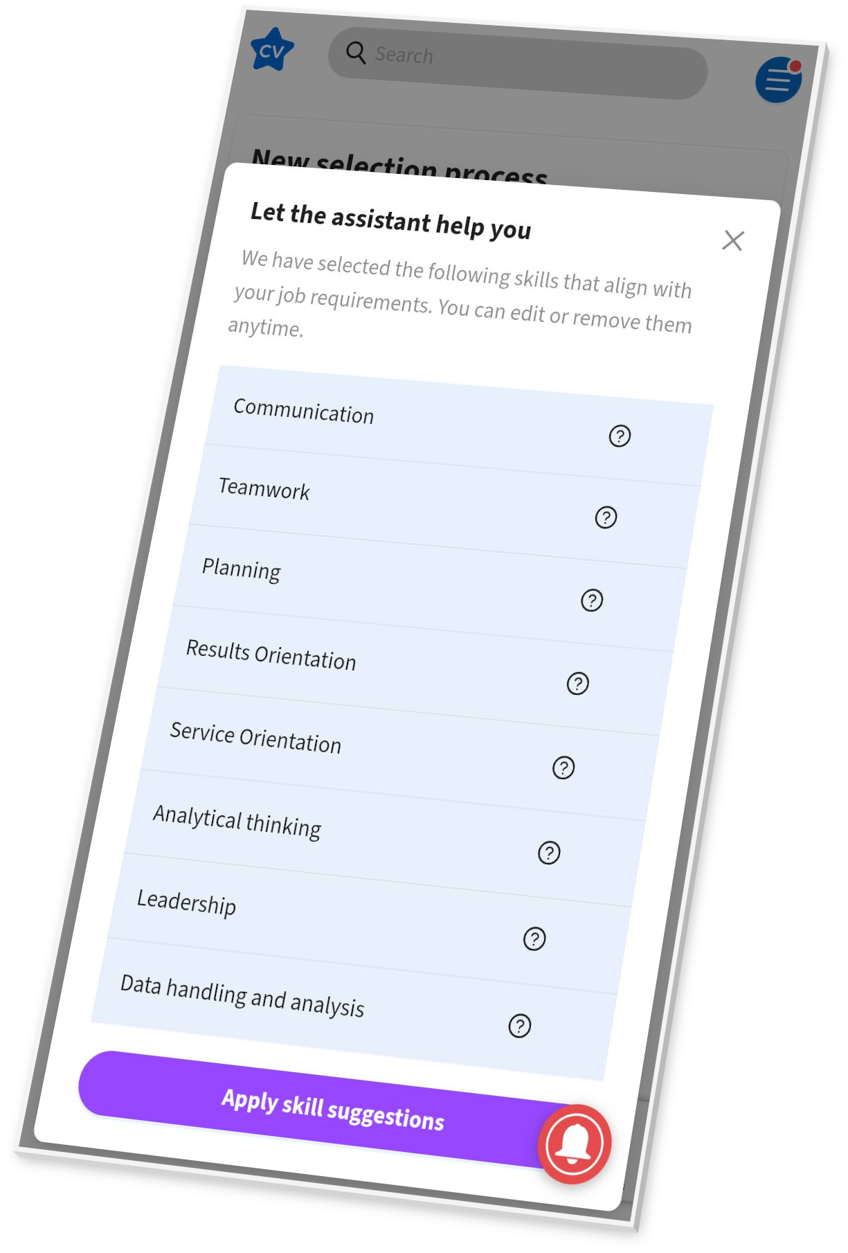 Screenshot of the app's skills selector used by recruiters when setting up a selection process.