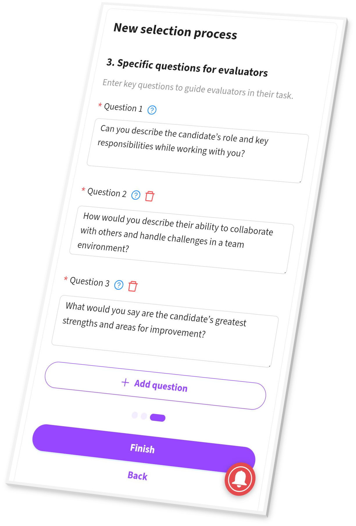 Screenshot of the app screen used to enter questions for evaluators during a selection process.